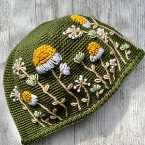 Daisy Crochet Army Green Hat, Knitted Flower Hat, Winter Fashion, Ear Warmer, Crochet Hat, Christmas Gift, Gift to Her image 1