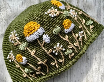 Daisy Crochet Army Green Hat, Knitted Flower Hat, Winter Fashion, Ear Warmer, Crochet Hat, Christmas Gift, Gift to Her