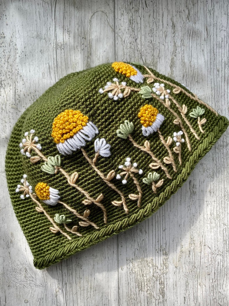 Daisy Crochet Army Green Hat, Knitted Flower Hat, Winter Fashion, Ear Warmer, Crochet Hat, Christmas Gift, Gift to Her image 1