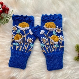 Daisy Flowers, Royal Blue Knitted Gloves, Embroidered Handmade Fingerless Gloves, Warmers, Wrist Warmer, Christmas Gift, Birthday Gift image 1
