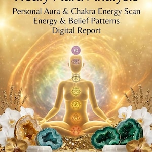 May include: A digital report titled Healy Aura Analysis, Personal Aura & Chakra Energy Scan, Energy & Belief Patterns, 24 Hour Delivery. It features a golden silhouette of a person in a meditative pose with seven chakra symbols and glowing light.