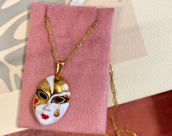 Gold Stainless Steel Venetian Mask Pendant Necklace, Vintage Masquerade Statement Jewelry