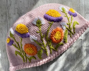 Handmade Pale Pink Crochet Hat, Embroidered Daisy Flower, Winter Ear Warmer