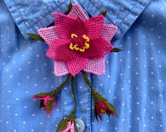 Handmade Needle Lace Pink Flower Brooch, Elegant Collar Pin