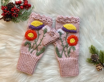 Handmade Knitted Daisy Fingerless Gloves, Floral Hand Warmers