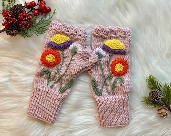 Madeliefjebloemen, roze, paarse madeliefje, gebreid, handgemaakt, dikke vingerloze handschoenen, armwarmers, polswarmer, kerstcadeau, verjaardagscadeau