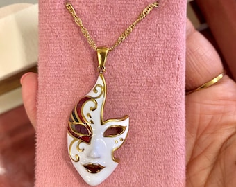 Gold Stainless Steel Venetian Mask Pendant Necklace, Vintage Masquerade Statement Jewelry