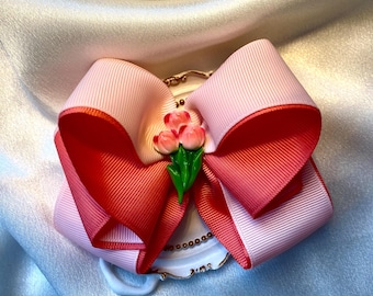 Handmade Floral Tulip Ribbon Hair Bow Clip – Statement Accessory (12cm)