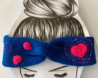 Blue, Heart, Knitted Turban, Crochet, Warm Headbands, Chunky Headband, Head Wrap, Hat, Christmas Gift, Gift for Her , Ear Warmer,