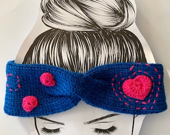 Blue Knitted Heart Headband, Chunky Crochet Ear Warmer