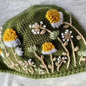 Daisy Crochet Army Green Hat, Knitted Flower Hat, Winter Fashion, Ear Warmer, Crochet Hat, Christmas Gift, Gift to Her image 6