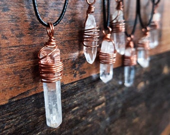 Clear quartz crystal necklace wrapped in solid copper spiritual healing meditation reiki real crystal stone quartz