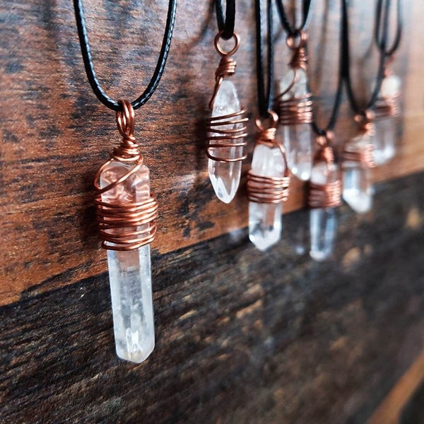 Clear quartz crystal necklace wrapped in solid copper spiritual healing meditation reiki real crystal stone quartz