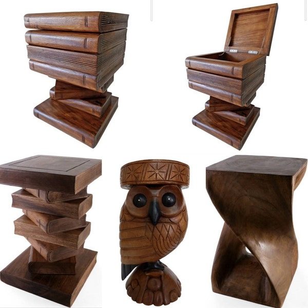 Wooden Table Rustic Side Table Hand Book Stack Carved Wooden Table Owl Head Table Coffee table Side table