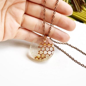Unique Real Pressed Honeycomb Necklace (Myakka’s Gold Apiary) Copper bail, Resin Pendant- Real Florida Nature Jewelry