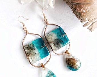 Longboat Key Shell Resin Lovers Earrings - Double Tier (Ocean Blue) - Recycled Florida Palm Bark, Sarasota Nature Jewelry- One of a Kind