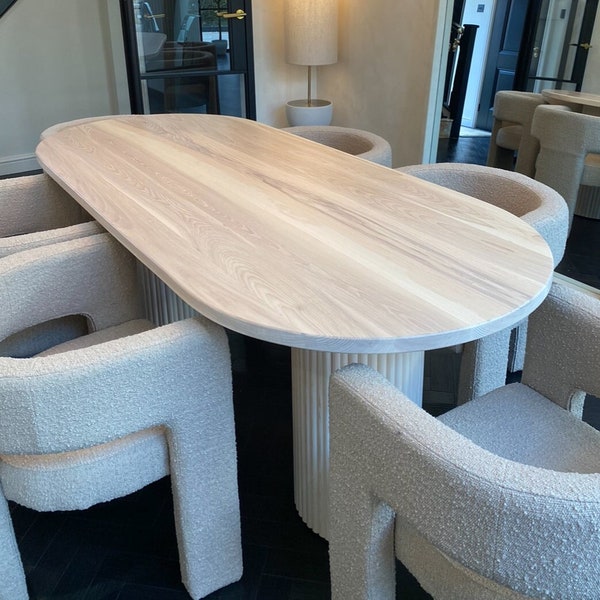 Bespoke scandi style solid wood oval dining table with ribbed pillar bases, handmade in the UK. Pine/Textured/Ash/Oak The Spinningfields