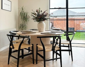 Bespoke Round Solid Wood Scandi Dining Table with Ribbed Wood Pillar Base Handmade in the UK. Pine/Textured/Ash/Oak The Spinningfields