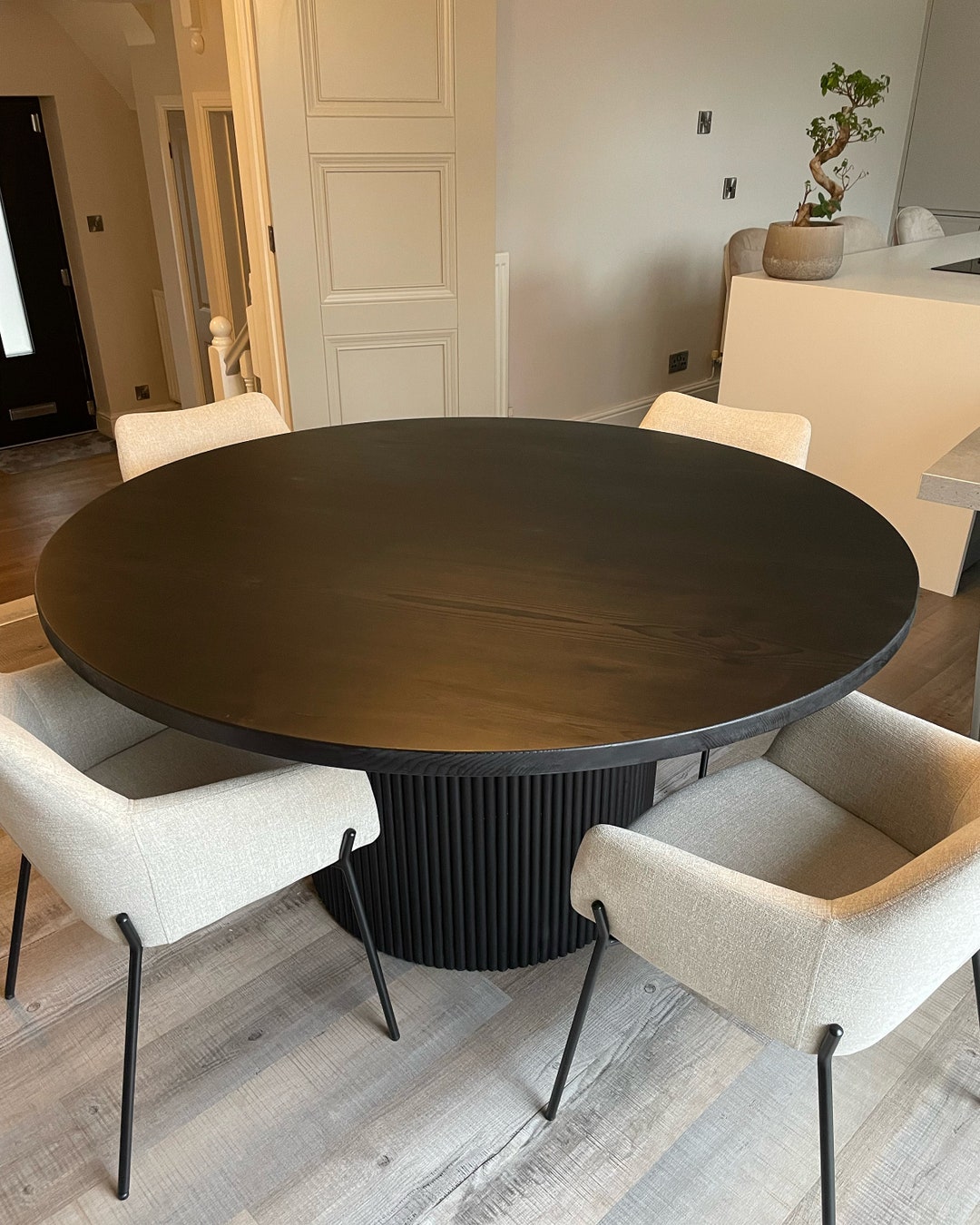 Round Solid Wood Scandi Style Dining Table. Ribbed Wood Pillar Etsy UK