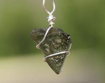 Raw Moldavite Silver Pendant: Healing Crystal, Certified Czech Stone