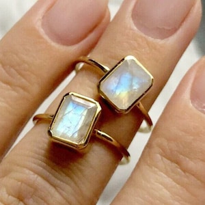 Natural Rainbow Moonstone Ring, Emerald Cut Gemstone Ring, 925 Sterling Silver Ring, Boho Ring, Middle Finger Ring, Promise Ring,