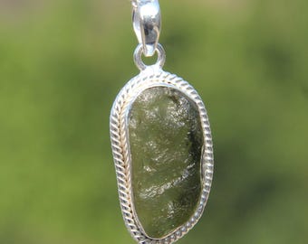 Raw Moldavite Crystal Pendant: Handmade Sterling Silver Tektite Jewelry