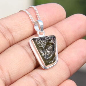 Raw Moldavite Sterling Silver Pendant: Green Tektite Crystal Jewelry