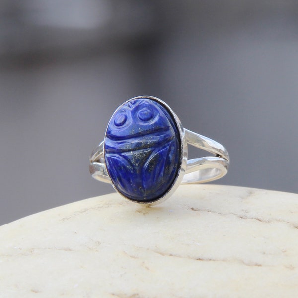 Bague scarabée lapis lazuli, bijoux en argent sterling 925, bague unisexe, bague scarabée bleu lapis, bijoux en pierres précieuses scarabée, bague en argent scarabée