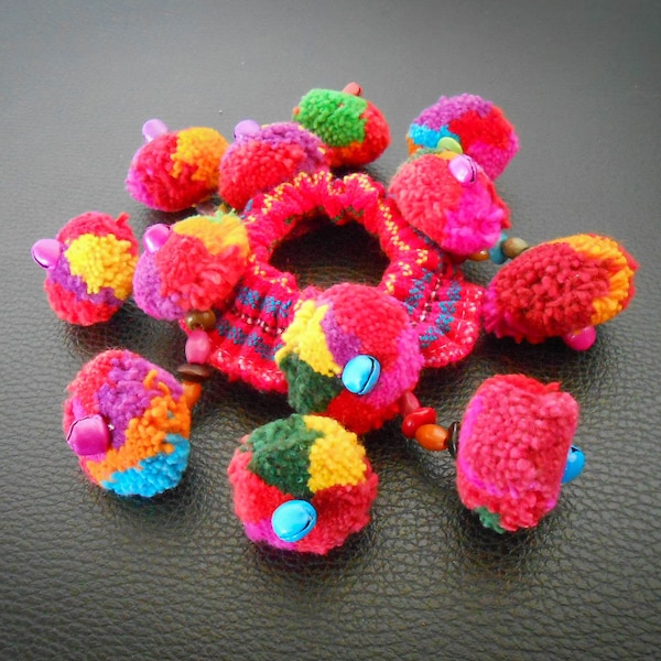 Hair Accessory Elastic Decorate With Pom Poms And Tiny Bells. Colorful Hair Accessory Nice For Ponytail Hair Style.