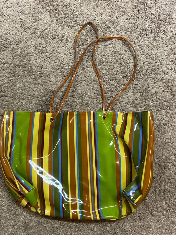 Rainbow striped nylon tote bag with an umbrella - 1970s vintage accessory