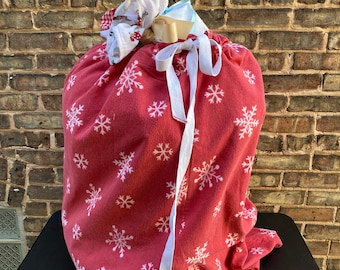 Giant Santa Sack Gift Bag - Upcycled Cute Gift Bag with Ties - Reuseable and Sustainable - Red/White Snowflakes or Stripes