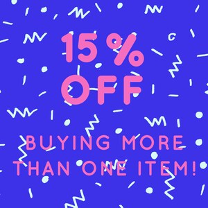 May include: A blue background with white and pink geometric shapes. The text "15% OFF BUYING MORE THAN ONE ITEM!" is written in pink.