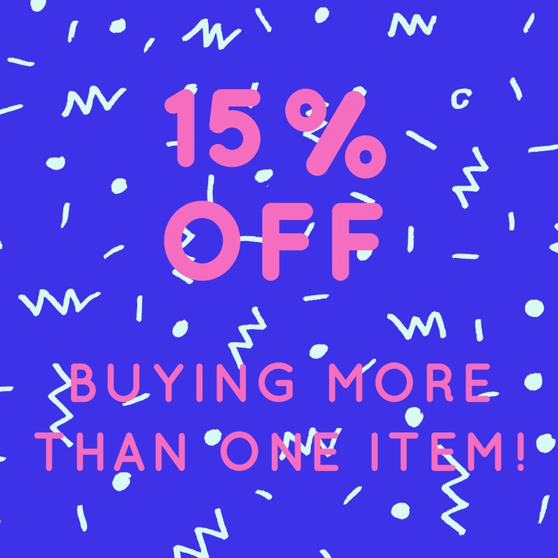 May include: A blue background with white and pink geometric shapes. The text "15% OFF BUYING MORE THAN ONE ITEM!" is written in pink.