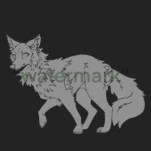 May include: A gray line art illustration of a fox in a walking pose. The fox has a fluffy tail and fur, with pointed ears and a slightly open mouth. The image has a watermark across the center.