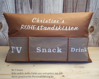 personalized retirement gift pillow (TV/snack/beer) - gift, pension, pension