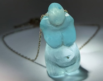 Blue Ice Andara Crystal Venus Figurine Necklace, Mother Goddess Jewelry, Fertility Symbol  Feminine Idol Jewellery, Silver Chain