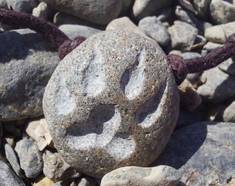 Wolf Paw Print Necklace, Wolf Paw Intaglio, Beach Stone, Hand Carved