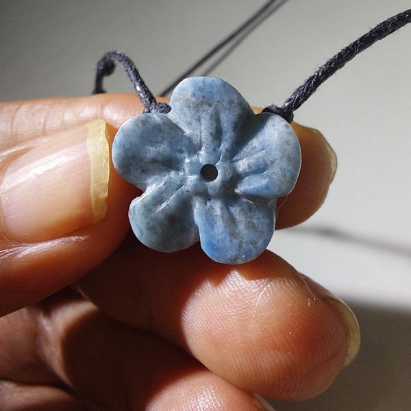 Forget Me Not Flower Blue Quartz Pendant, Hand Carved Blue Quartz Crystal Necklace