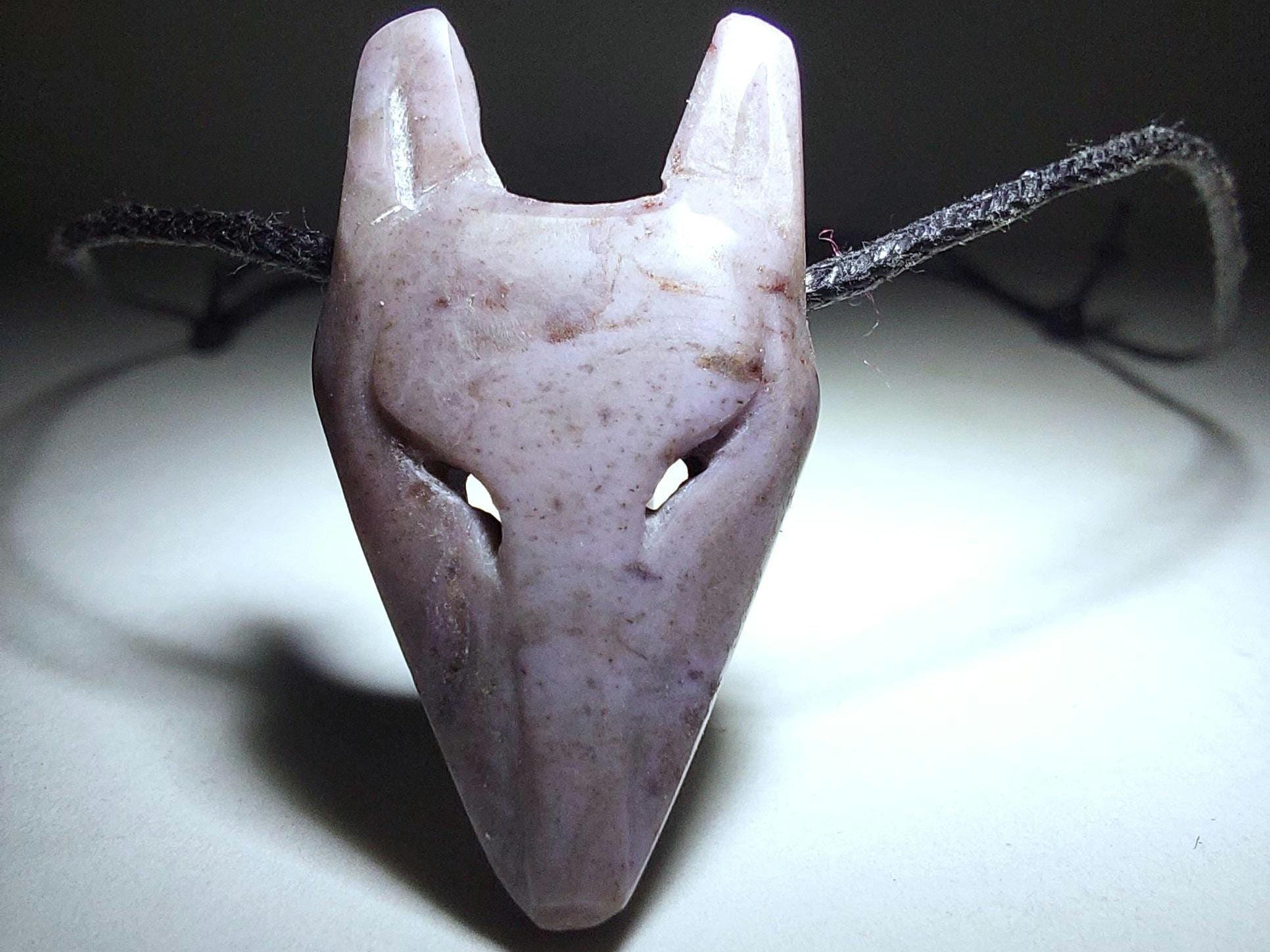Wolf Mask Pendant Necklace, Lavender Jade Stone Hand Carved Wolf Jewelry