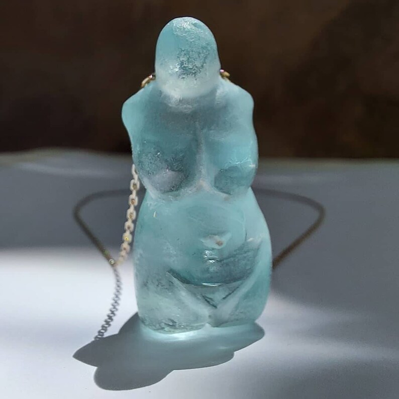 Blue Ice Andara Crystal Venus Figurine Necklace: Mother Goddess Silver Jewelry image 8