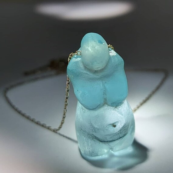 Blue Ice Andara Crystal Venus Figurine Necklace: Mother Goddess Silver Jewelry