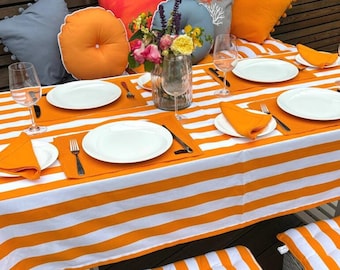 Orange Striped Cotton Tablecloth, Water Repellent Outdoor Table Cover (140x230cm)