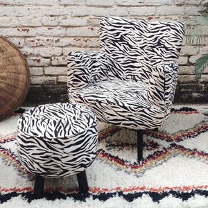 zebra print velvet armchair with stool