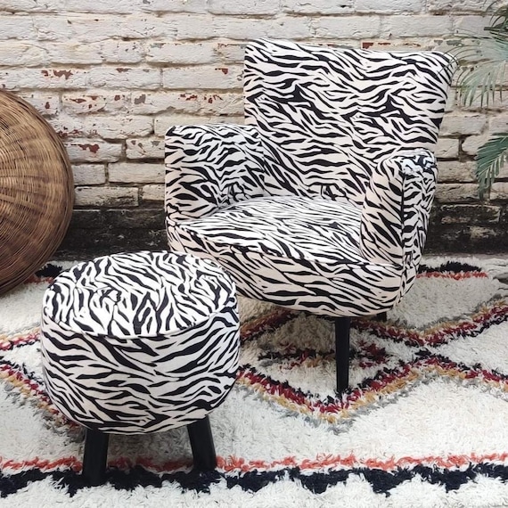 Zebra Footstool, Zebra Print Velvet Armchair, Black and White Accent Chair,