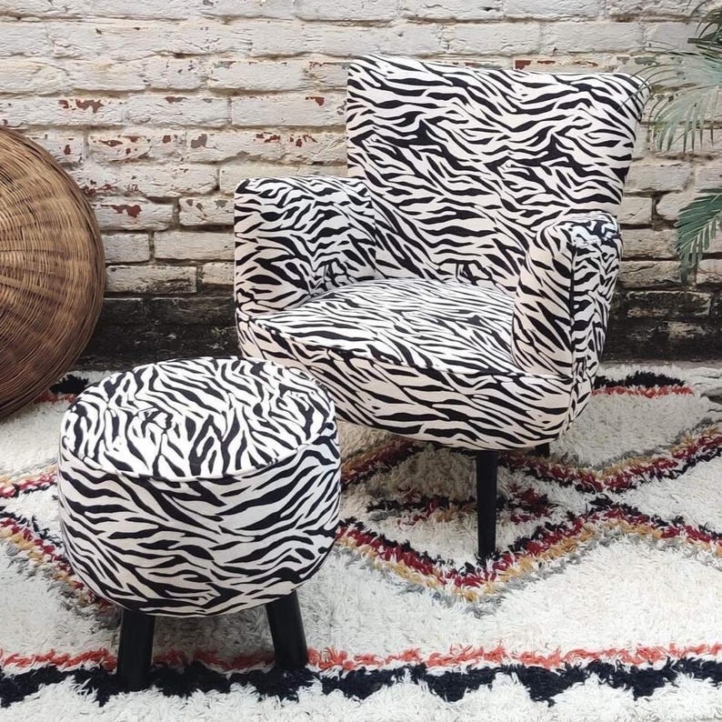 zebra print velvet armchair with stool
