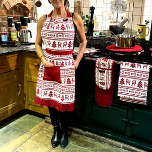 Nordic Christmas Print Cotton Apron, Red Reindeer Design, Frilly Skirt, Cooking Gift