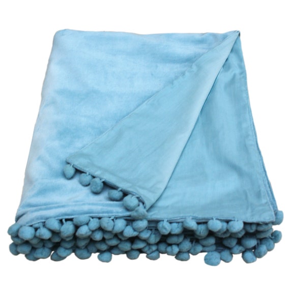 Duck Egg Blue Velvet Throw Velvet Blanket Pom Pom Throw by Raggedroseltd Etsy