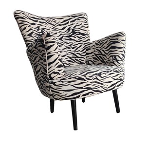 May include: A black and white zebra print armchair with black wooden legs.