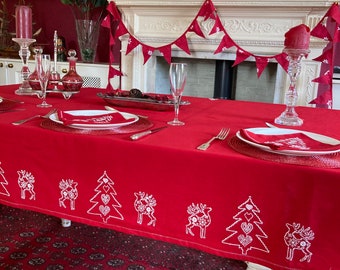 Red Christmas Table Cloth, Embroidered Tablecloth, Holidays Table Decor, Festive Tablecloths, Rectangle Tablecloth, Xmas Table Cloth