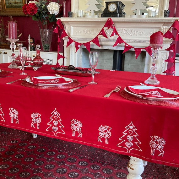 Red Christmas Table Cloth Embroidered Tablecloth Holidays Table Decor Festive Tablecloths Rectangle Tablecloth Xmas Table Cloth Etsy